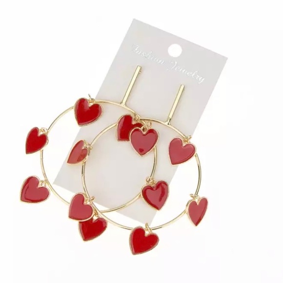 Gold & Red Dangling Hearts Drop Hoop Earrings